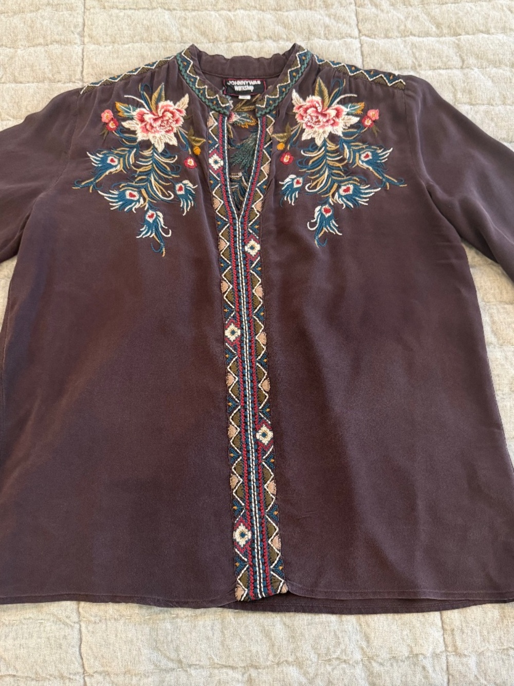 Johnny Was Top Womens Small Brown Peacock Floral Embroidery Boho Peasant Hippie